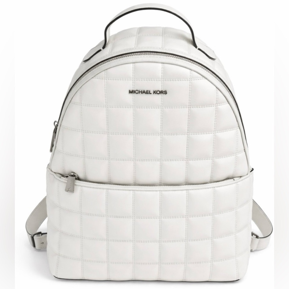 Michael Kors White Quilted Leather Backpack Silver Hardware Front Zip Pocket - Picture 11 of 11